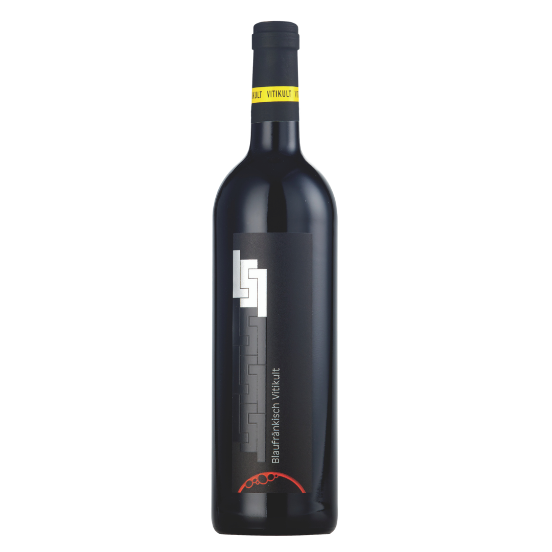 Flasche Blaufränkisch Vitikult mit gelber Vitikult-Banderole am Hals