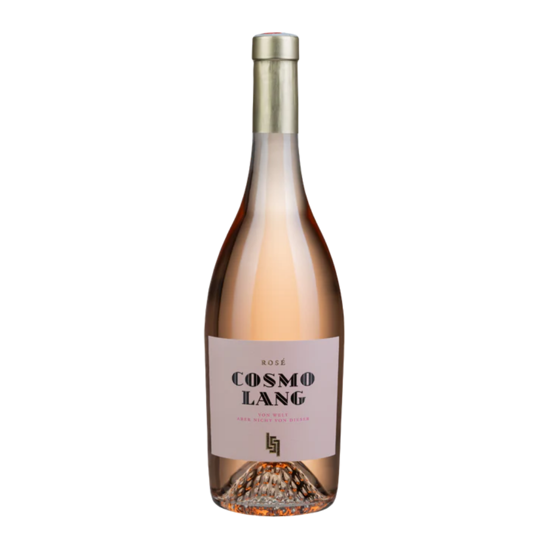 Flasche Cosmo Lang Rosé mit hellrosa Etikett und Goldkapsel