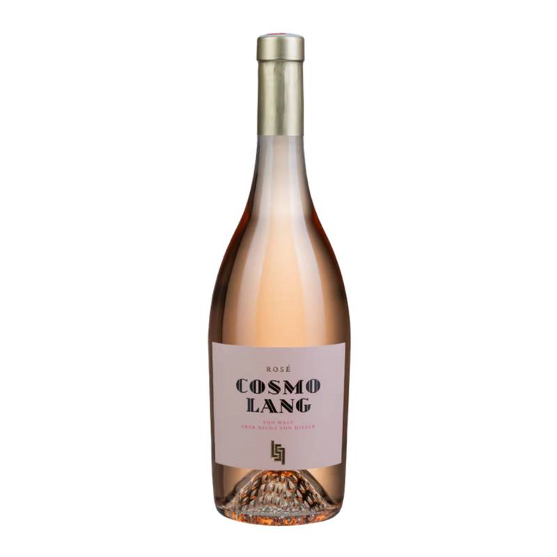 Flasche Cosmo Lang Rosé mit hellrosa Etikett und Goldkapsel