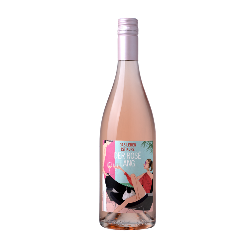 Flasche Der Rosé Lang mit illustriertem Etikett „Das Leben ist kurz“