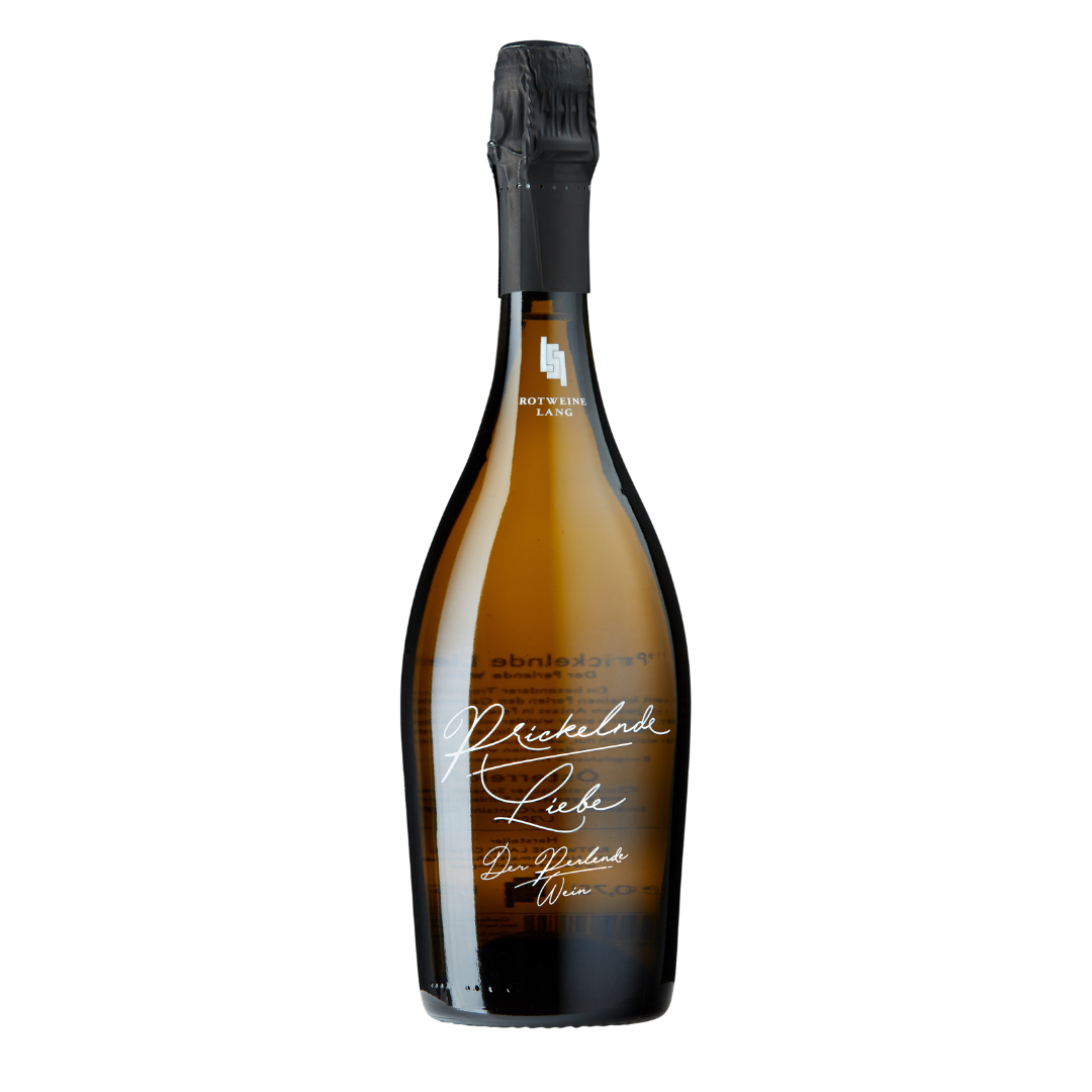 Flasche Prickelnde Liebe, der perlende Wein, in Bernsteinglas mit Sektkapsel