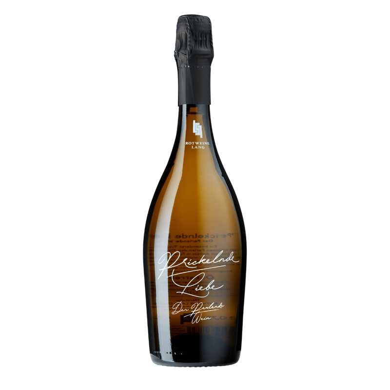 Flasche Prickelnde Liebe, der perlende Wein, in Bernsteinglas mit Sektkapsel