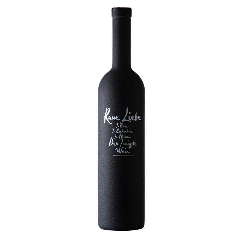Flasche Raue Liebe mit mattschwarzem Glas und handgeschriebenem weißem Etikett