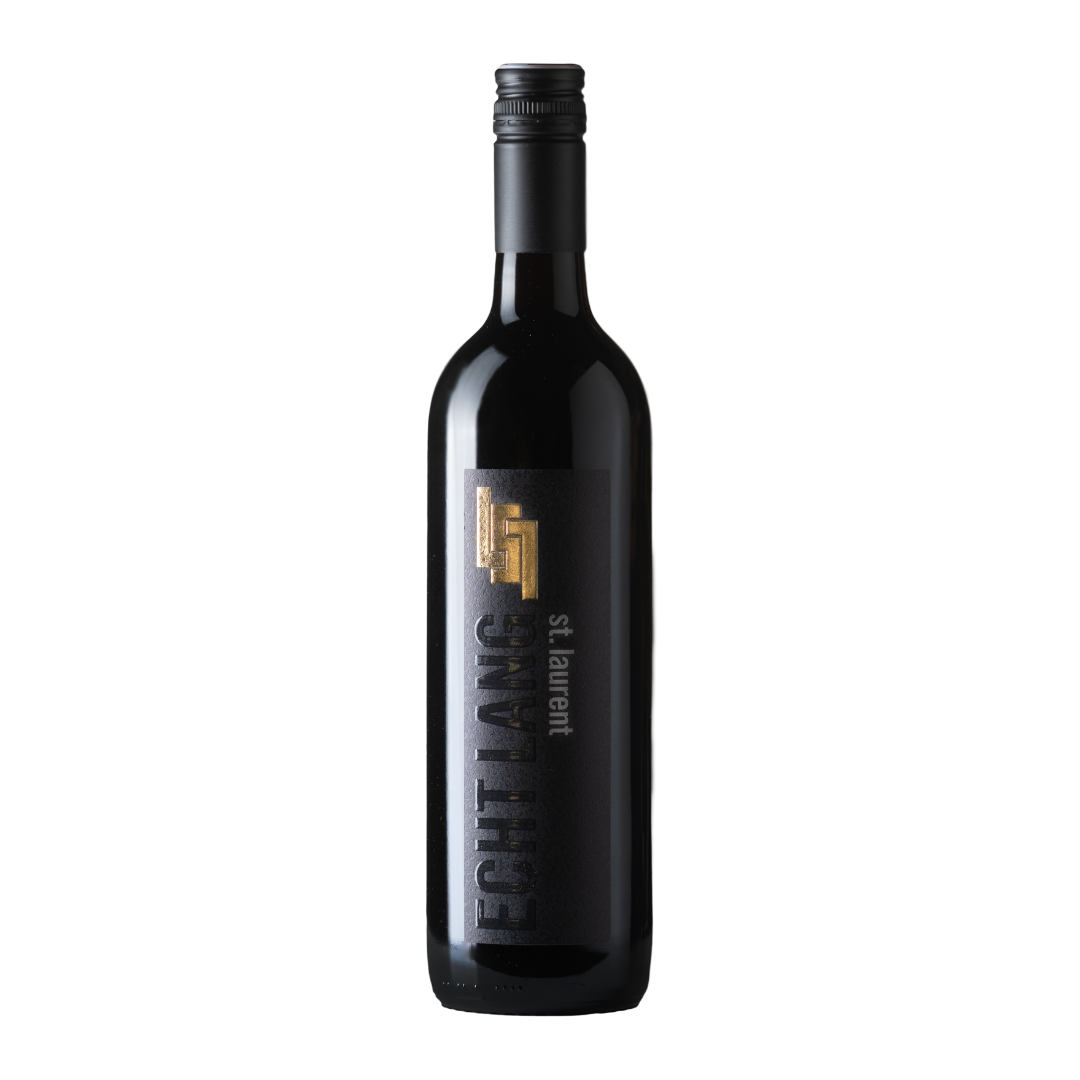 Flasche St. Laurent Echt Lang mit geprägtem schwarzem Etikett und Goldmonogramm