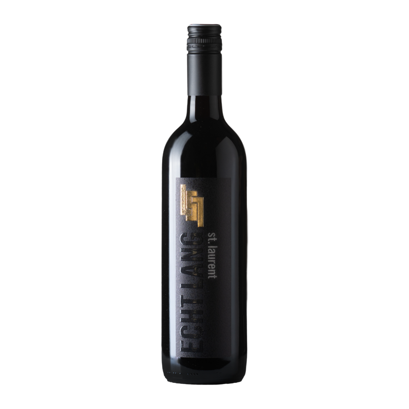 Flasche St. Laurent Echt Lang mit geprägtem schwarzem Etikett und Goldmonogramm