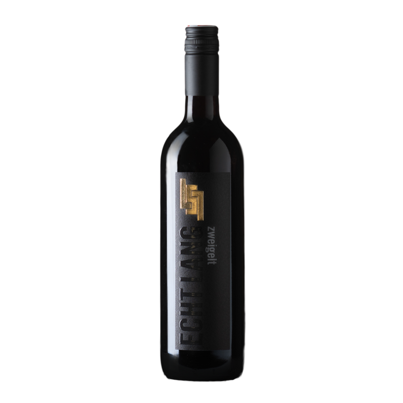 Flasche Zweigelt Echt Lang mit geprägtem schwarzem Etikett und Goldmonogramm